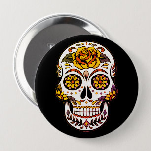 Yellow Rose Sugar Skull on Black 4 Inch Round Button