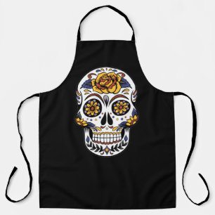 Yellow Rose Sugar Skull on Black Apron
