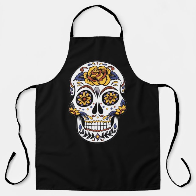 Yellow Rose Sugar Skull on Black Apron (Front)