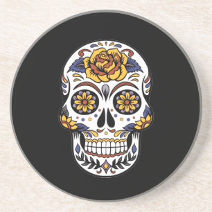 Yellow Rose Sugar Skull on Black Coaster
