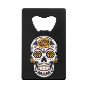 Yellow Rose Sugar Skull on Black Credit Card Bottle Opener