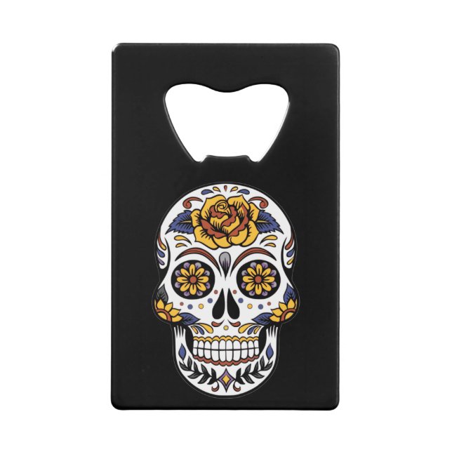 Yellow Rose Sugar Skull on Black Credit Card Bottle Opener (Front)