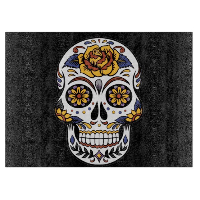 Yellow Rose Sugar Skull on Black Cutting Board (Front)