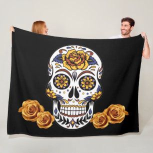 Yellow Rose Sugar Skull on Black Fleece Blanket