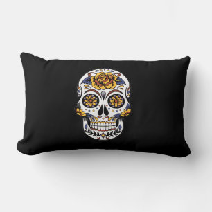 Yellow Rose Sugar Skull on Black Lumbar Pillow