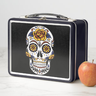 Yellow Rose Sugar Skull on Black Metal Lunch Box