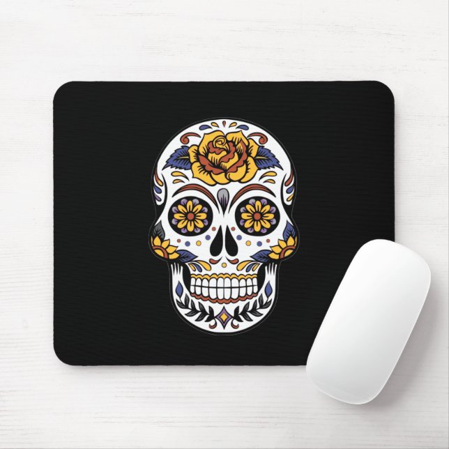 Yellow Rose Sugar Skull on Black Mouse Pad (With Mouse)