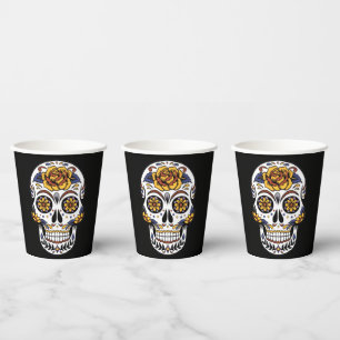 Yellow Rose Sugar Skull on Black Paper Cups