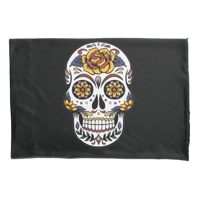 Yellow Rose Sugar Skull on Black Pillowcase (Front)