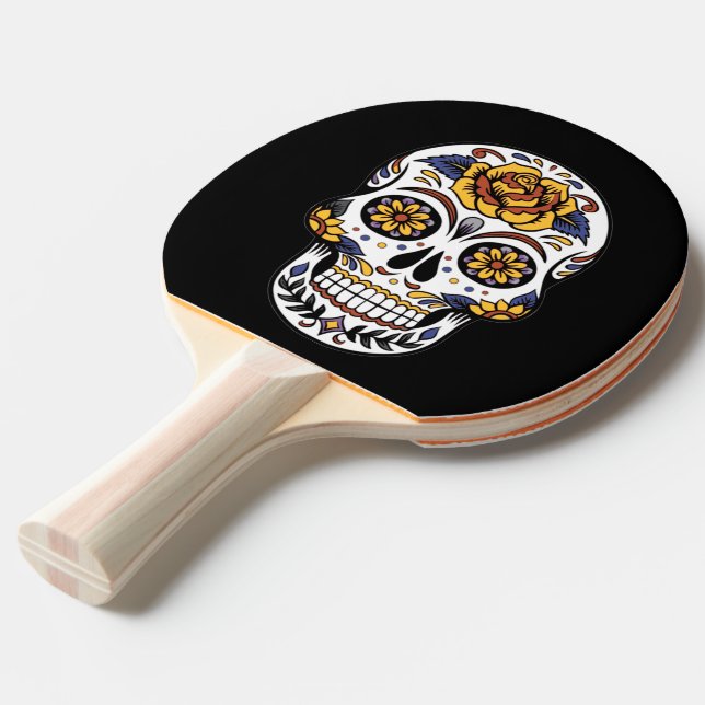 Yellow Rose Sugar Skull on Black Ping Pong Paddle (Front Angle)