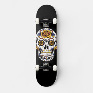 Yellow Rose Sugar Skull on Black Skateboard