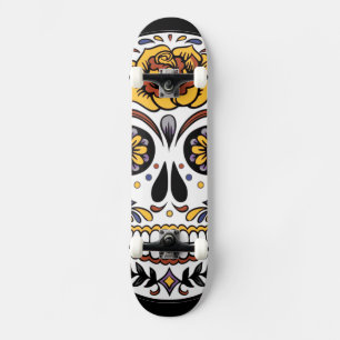Yellow Rose Sugar Skull on Black Skateboard
