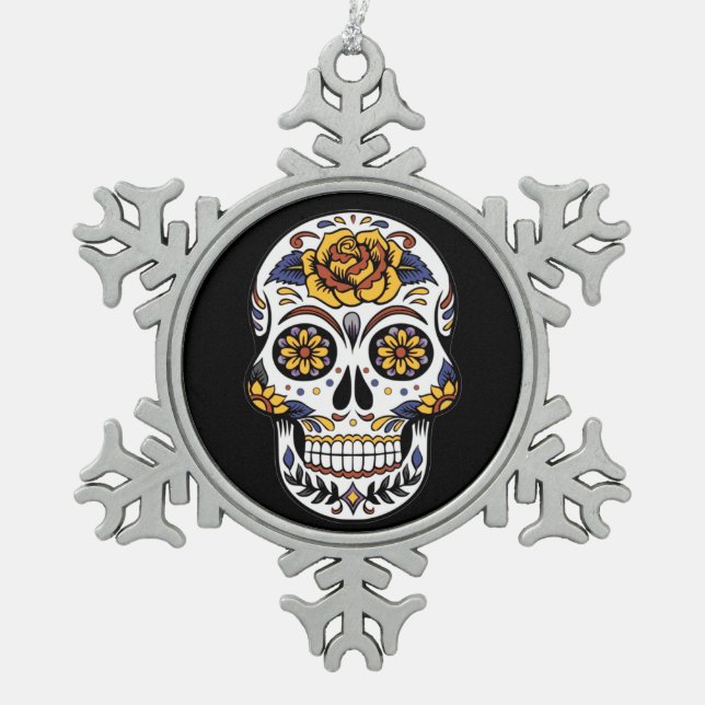 Yellow Rose Sugar Skull on Black Snowflake Pewter Christmas Ornament (Front)