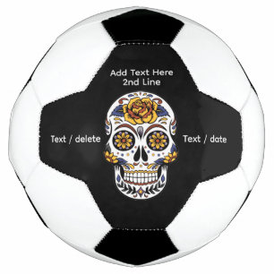 Yellow Rose Sugar Skull on Black Soccer Ball