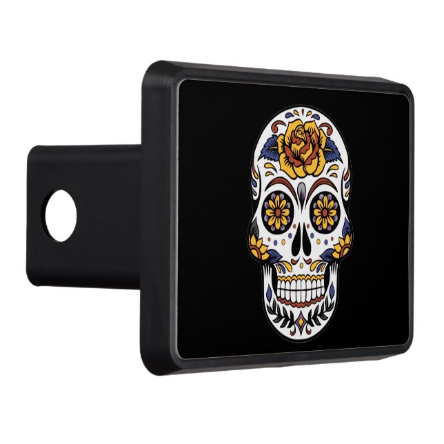 Yellow Rose Sugar Skull on Black Trailer Hitch Cover (Right)