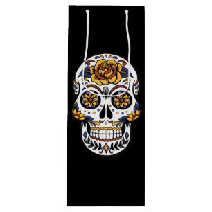 Yellow Rose Sugar Skull on Black Wine Gift Bag