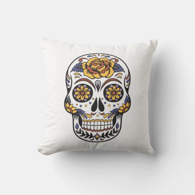Yellow Rose Sugar Skull Outdoor Pillow (Front)