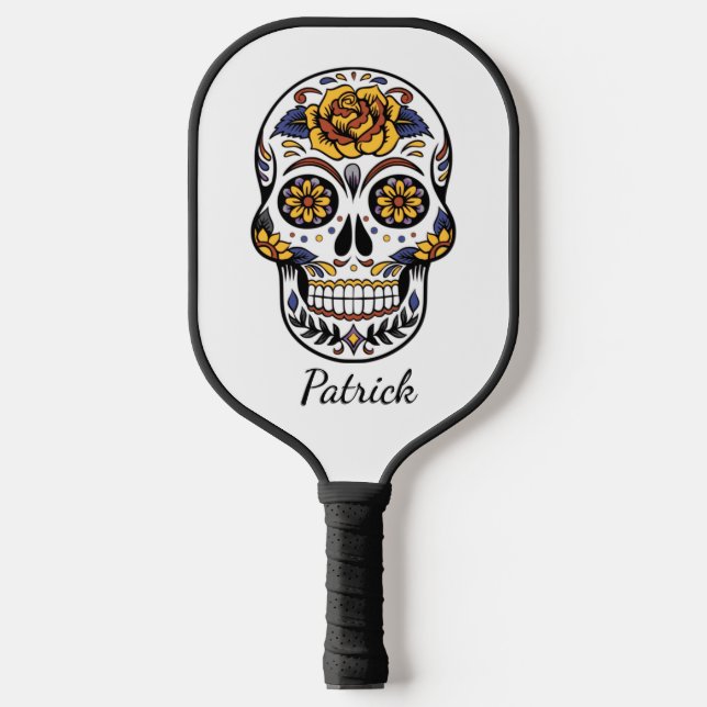 Yellow Rose Sugar Skull Personal Name Pickleball Paddle (Front)