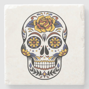 Yellow Rose Sugar Skull Stone Coaster