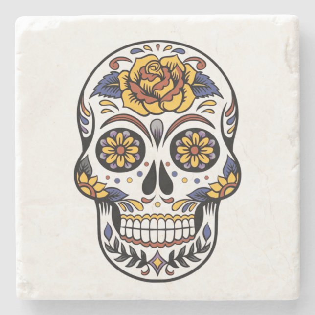 Yellow Rose Sugar Skull Stone Coaster (Front)