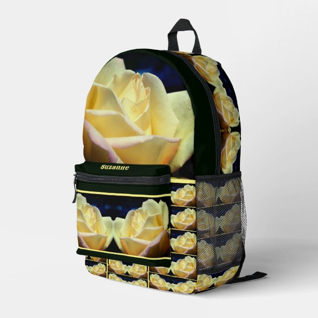 Yellow Rosebud Flower Personalized Printed Backpack (Back Corner Right)