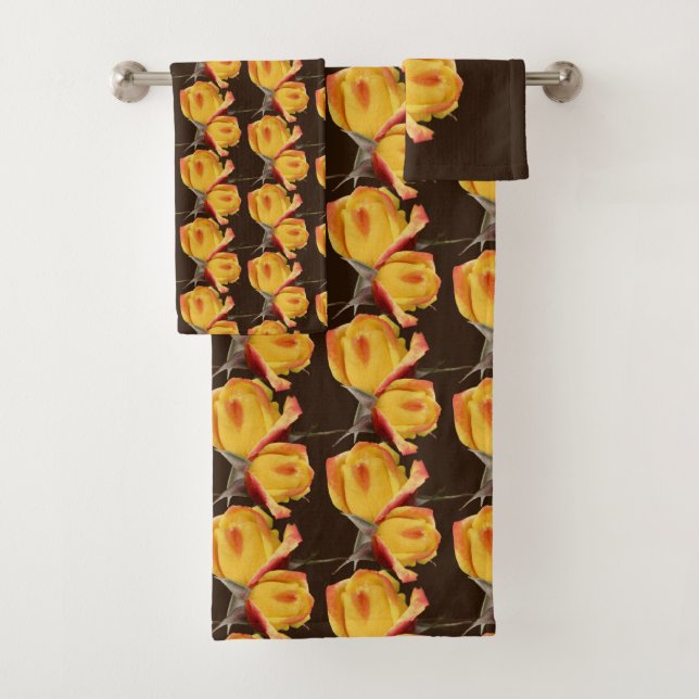 Yellow Rosebud Flowers Bath Towel Set (Insitu)