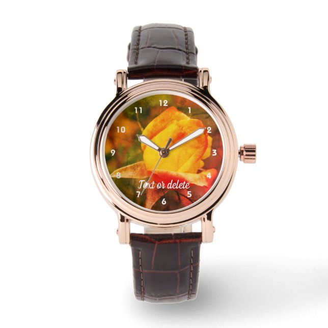 Yellow Rosebud With Red Highlights Abstract Watch (Front)