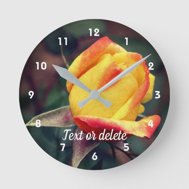 Yellow Rosebud With Red Highlights Personalized Round Clock (Front)