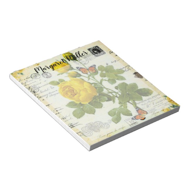 Yellow roses and butterflies personalized notepad (Angled)