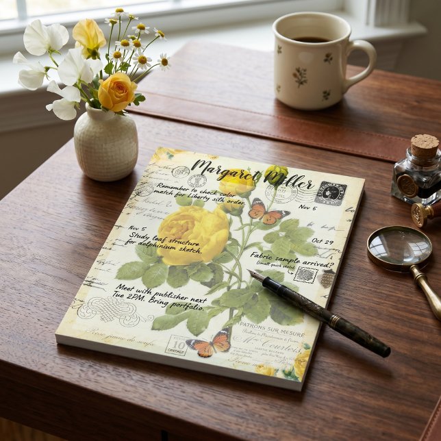 Yellow roses and butterflies personalized notepad (Creator Uploaded)