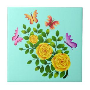 Yellow Roses And Butterflies Tile