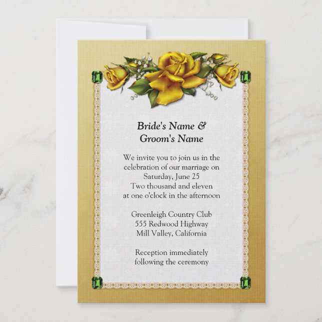 Yellow Roses and Emeralds Wedding Invitation (Front)
