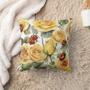 Yellow Roses and Lady Bugs Throw Pillow Home Decor