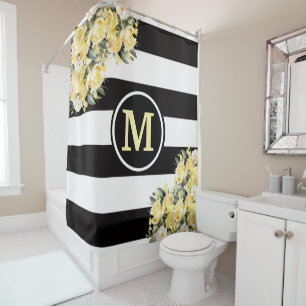 Yellow Roses Black and White Striped Monogram