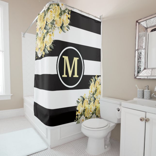 Yellow Roses Black and White Striped Monogram (In Situ)