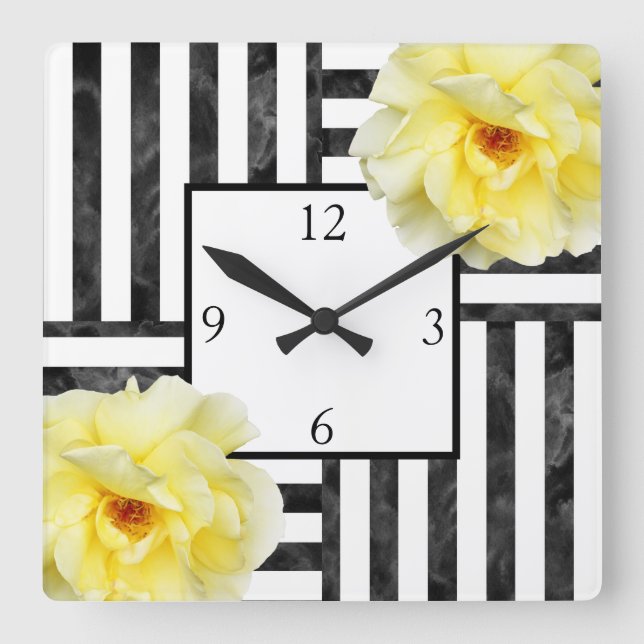 Yellow Roses Black and White Stripes Square Wall Clock (Front)