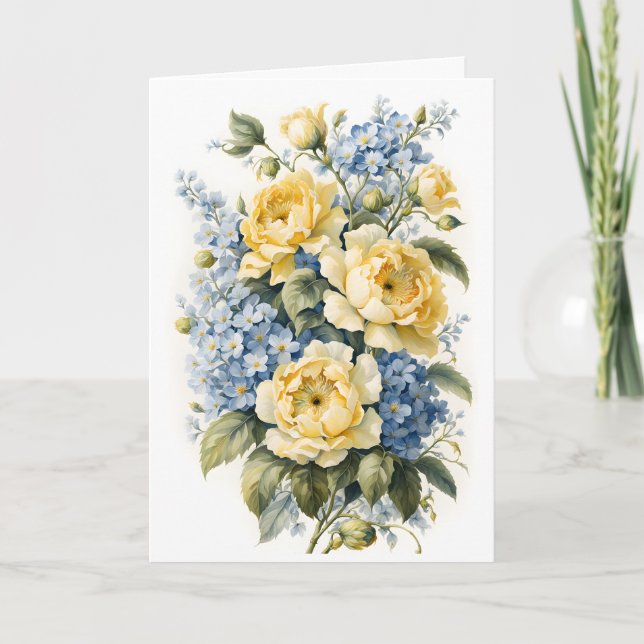 Yellow Roses Blue Forget-Me-Nots Birthday Card (Front)
