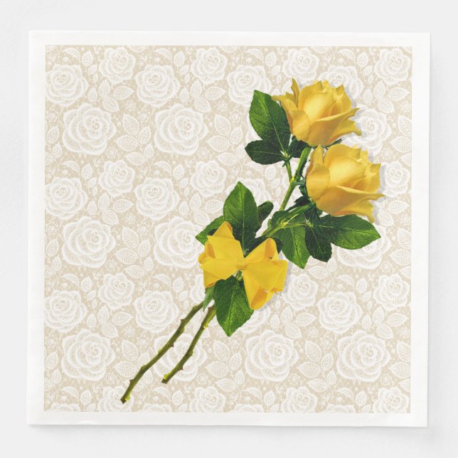 Yellow Roses Bow White Lace Ivory Paper Napkins (Front)