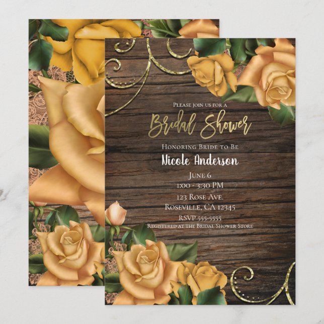 Yellow Roses & Country Rustic Wood Bridal Shower Invitation (Front/Back)