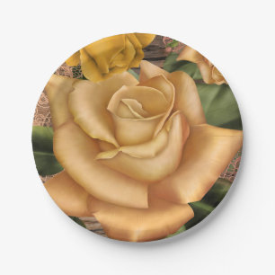 Yellow Roses & Country Rustic Wood Bridal Shower Paper Plate