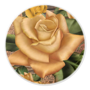 Yellow Roses & Country Rustic Wood Shabby Chic Ceramic Knob