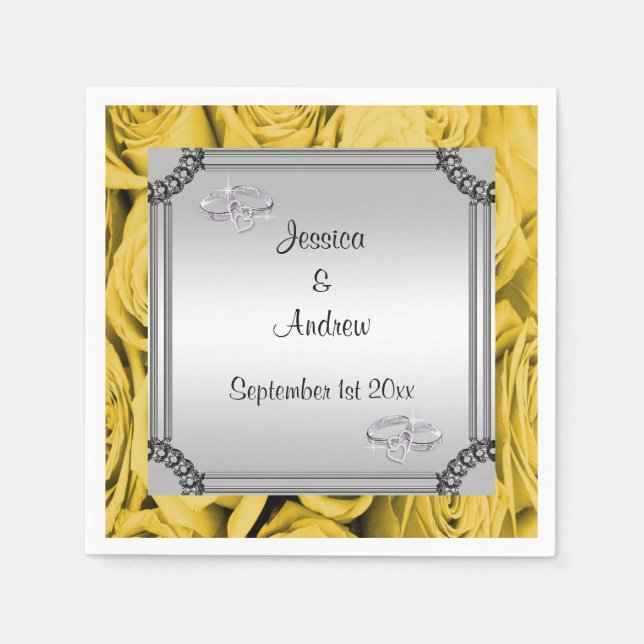 Yellow Roses & Diamond Wedding Rings Napkin (Front)