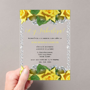 Yellow Roses & Diamonds 40th Birthday Spanish Acrylic Invitations