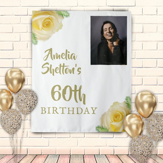 Yellow Roses Floral 60th Birthday Party Photo Tapestry (Creator Uploaded)