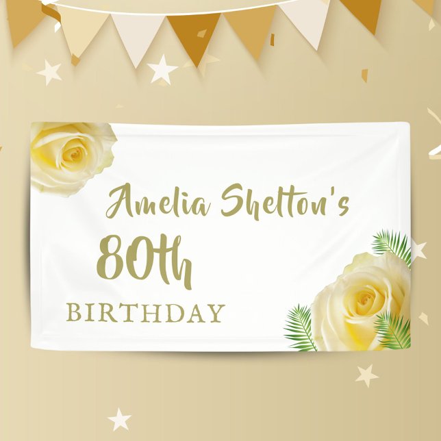 Yellow Roses Floral 80th Birthday Party Backdrop Banner (Creator Uploaded)
