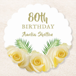 Yellow Roses Floral 80th Birthday Party Paper Coaster