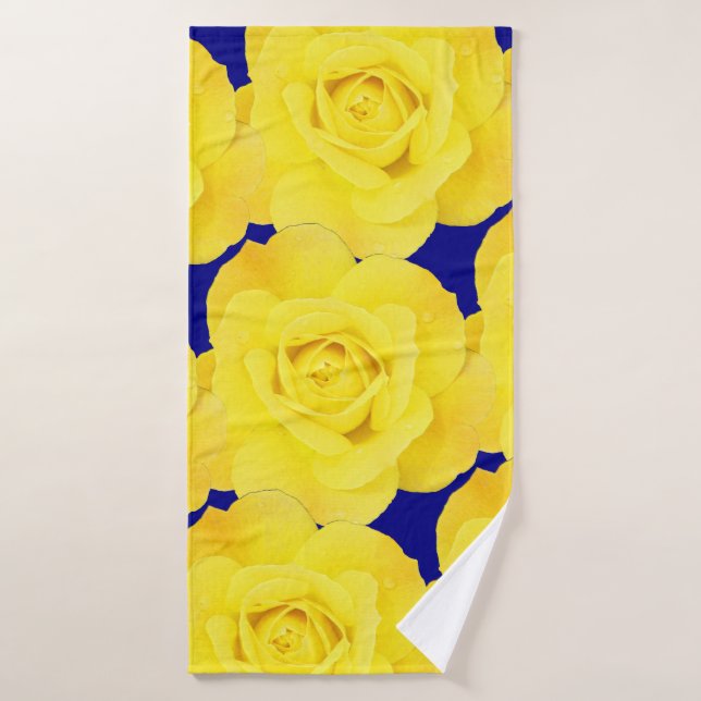 Yellow Roses Flowers Gold Floral Pattern Navy Blue Bath Towel (Bath Towel)