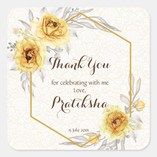 Yellow roses geometric personalized name Haldi Gif Square Sticker (Front)
