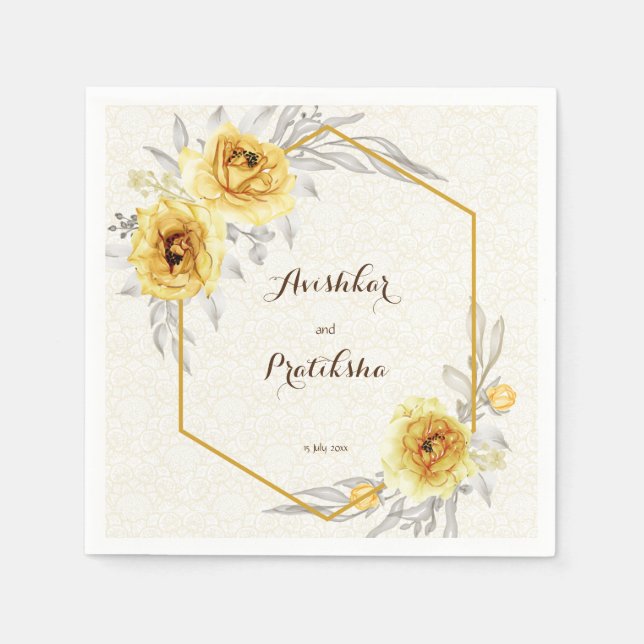 Yellow roses geometric personalized name wedding  napkin (Front)