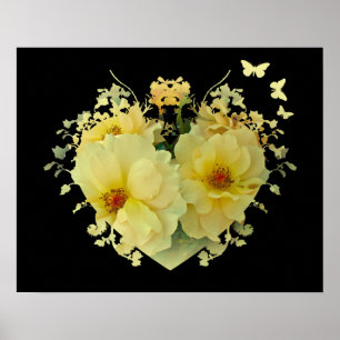 Yellow Roses Heart on Black Poster